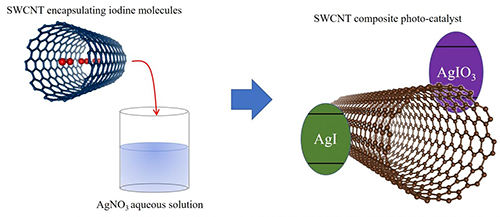A carbon nanotube encapsulating iodine molecules is immersed in silver nitrate aqueous solution to produce the composite photocatalyst