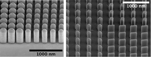 Metasurfaces, which are nanostructured surfaces containing shapes like nanopillars (left) and nanofins (right)