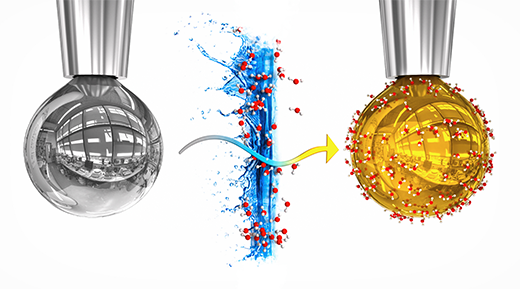 On the left is a pure drop of sodium-potassium alloy, on the right is the drop with a layer of water, in which electrons liberated from the metal dissolved, giving it a golden metallic sheen