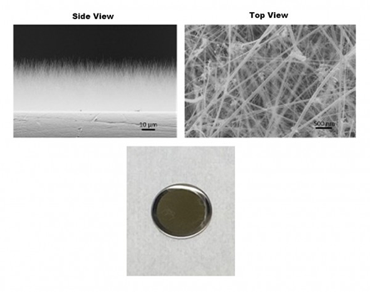 Photos of silicon nanowires grown on a stainless steel disk shown (clockwise from top left) in side, top, and macroscopic views