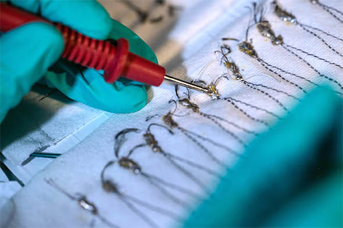 Carbon nanotubes woven into thread-like fibers and sewn into fabrics