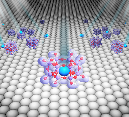 A representation of silica nanocages on a thin film of ruthenium trapping atoms of xenon (blue)