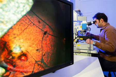 Vahid Nozari at the University of Jena uses a microscope to examine synthetic glass