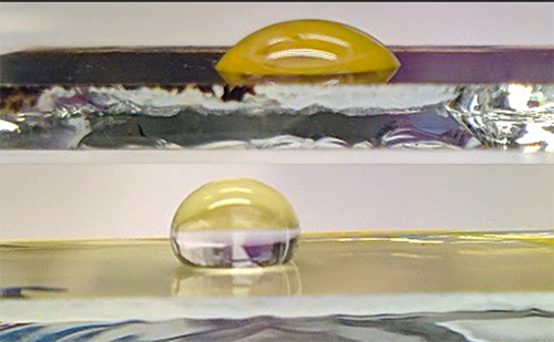 This image shows the difference between an ordinary perovskite solar cell, top, and a perovskits solar cell with a water-repellent molecular-thin layer
