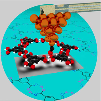 >An illustration of a high-resolution atomic force microscope probing the chemical properties of hydrogen-bonded trimesic acid (TMA) networks (overlaid on teal circle) on a copper surface