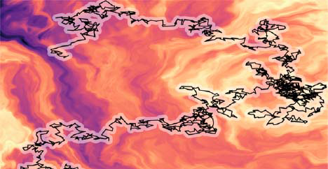 Illustration of erratic movement of a random walker in an heterogeneous environment