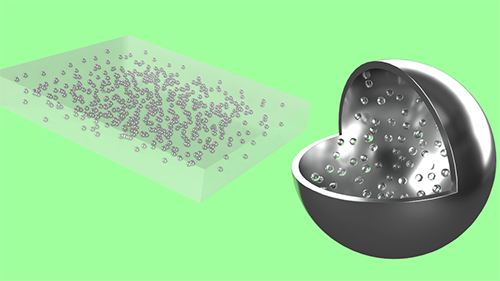 A rendering of liquid metal droplets embedded in a silicone material (left) and microscopic spheres of hollow glass enclosed in a droplet of that liquid metal (right)