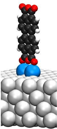 Three-dimensional model of the standing PTCDA molecule (black, carbon atoms; red, oxygen atoms; white, hydrogen atoms) on two Ag adatoms (blue) on the Ag(111) surface (gray)