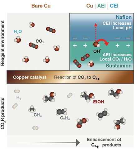 Schematic of a two-layer coating of films, called ionomers, on top of a copper surface