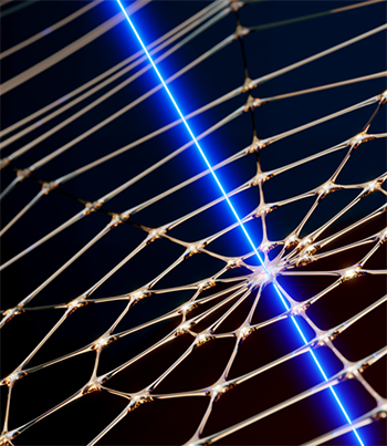 Artist impression of an artificial spider web probed with laser light