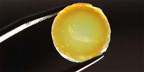 Tweezers holding a yellow tablet-shaped aerogel
