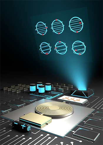 Artistic impression of an on-chip microwave source controlling qubits