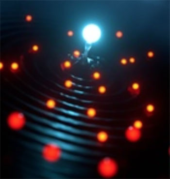 artistic impression of an individual ion interacting with several atoms with a wave-like character