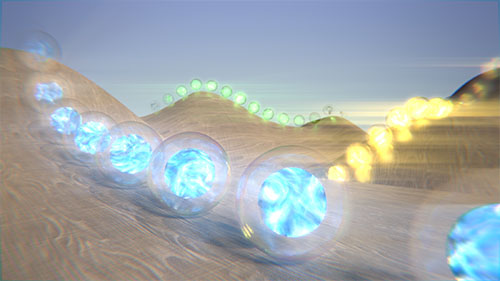 an artistic illustration of a matter wave rolling down a steep potential hill