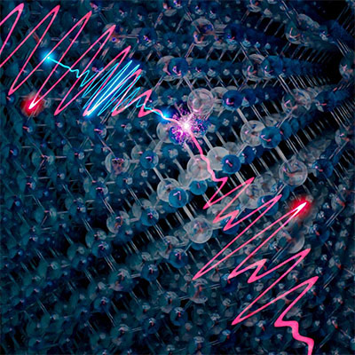 A near-infrared pulse (blue) excites a semiconductor