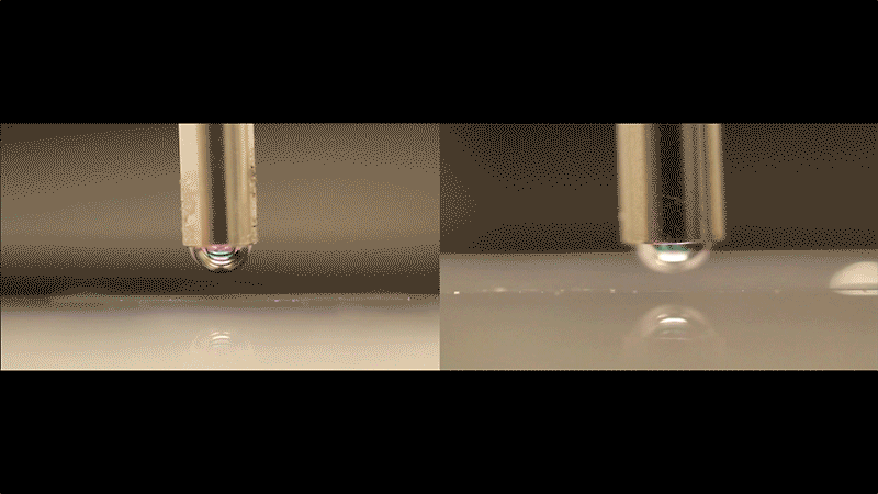 Two side-by-side gifs showing a bead of mercury landing on a surface from a dropper. The drop on the left beads up, and the drop on the right spreads out.