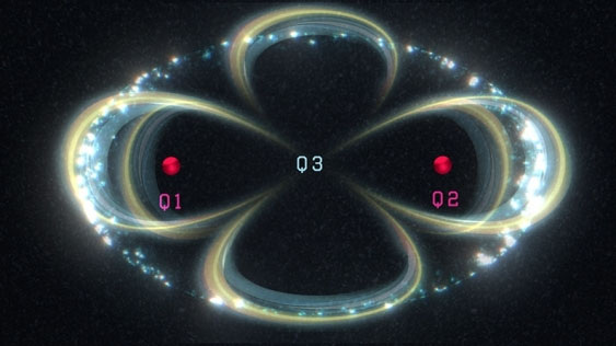 A representation of the two phosphorous atoms sharing a single electron