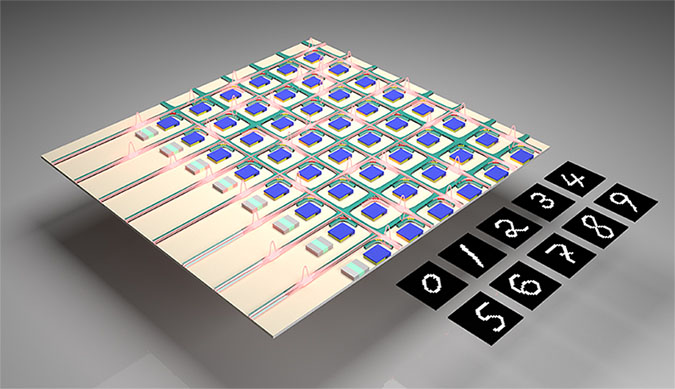illustration of integrated optical computing chip and 'handwritten' numbers it generated