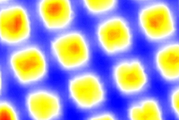 The image of the graphene layers on the photocathode shows areas of low quantum efficiency (in blue) where no electron transmission occurs