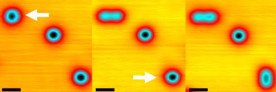 Scanning tunneling microscopy images showing two oxygen molecules on a silver surface being disassociated