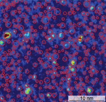 This transmission electron microscopy image shows clustered atoms in aged chromium-cobalt-nickel