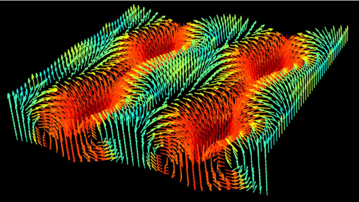 3D model of the polarisation pattern in the ferroelectric PbTiO3 representing the cycloidal modulation of the vortex core