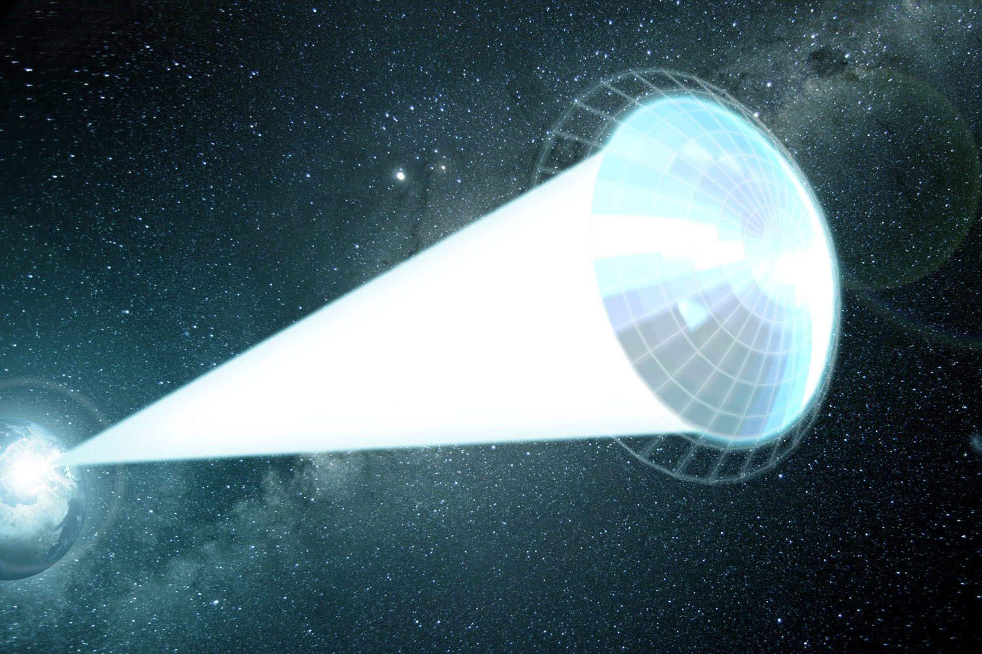 An artist’s conception of the Starshot Lightsail spacecraft during acceleration by a ground-based laser array
