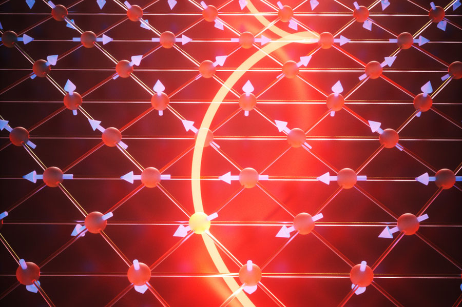 This artistic rendering shows the nanoscale spin spirals that enable the emergence of a multiferroic state in 2D material NiI2