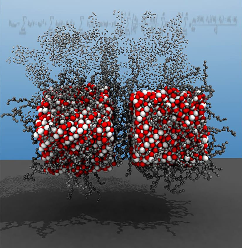 Simulation image showing self-assembly of two magnetic nanoparticles under a magnetic field