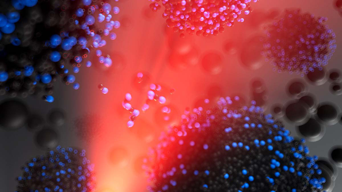 Artist’s interpretation of reactive transport between liquid nanocarbon clusters