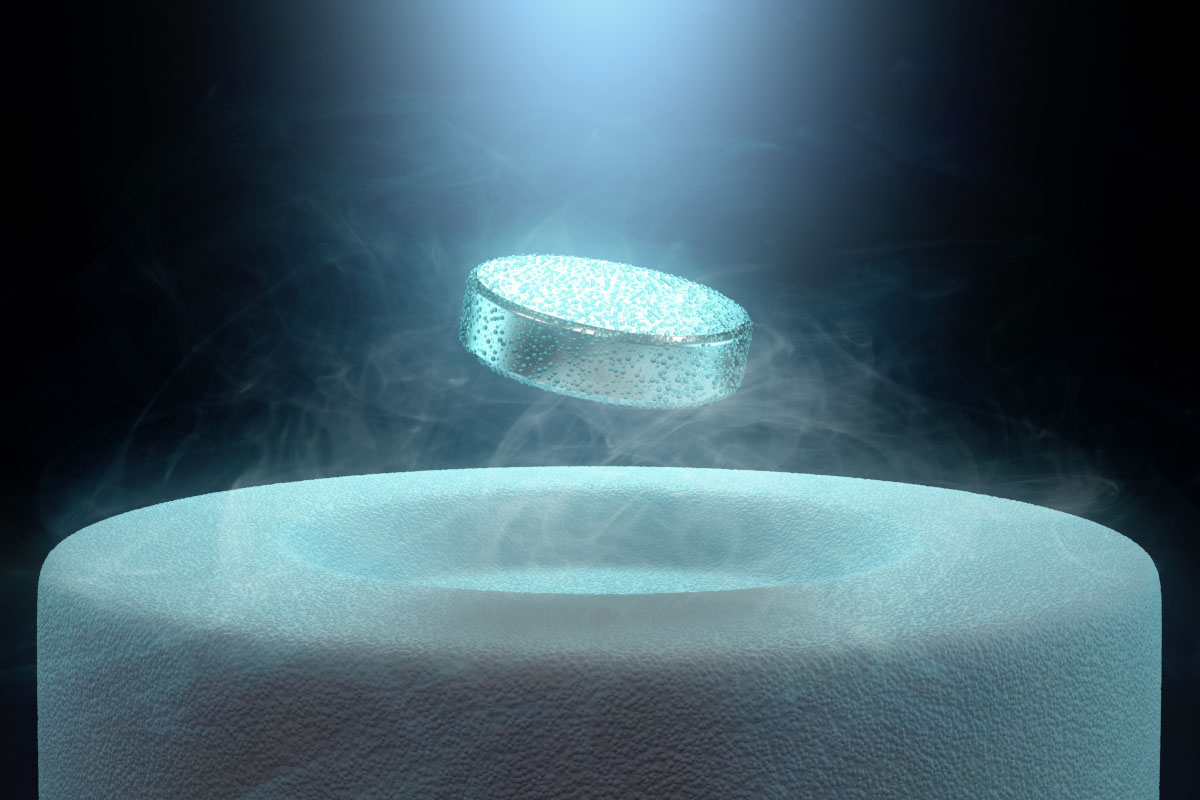 Artist’s impression of a magnet levitating above a high-temperature superconductor cooled with liquid nitrogen