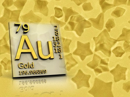 Composite image of gold overlaid on research image of actual gold nanoparticles