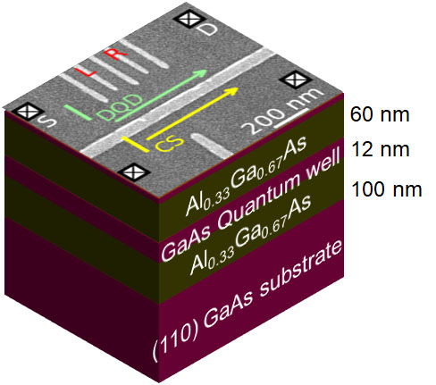 Schematic illustration of a double quantum dot (DQD) and charge sensors (CS) fabricated on (110) GaAs substrate
