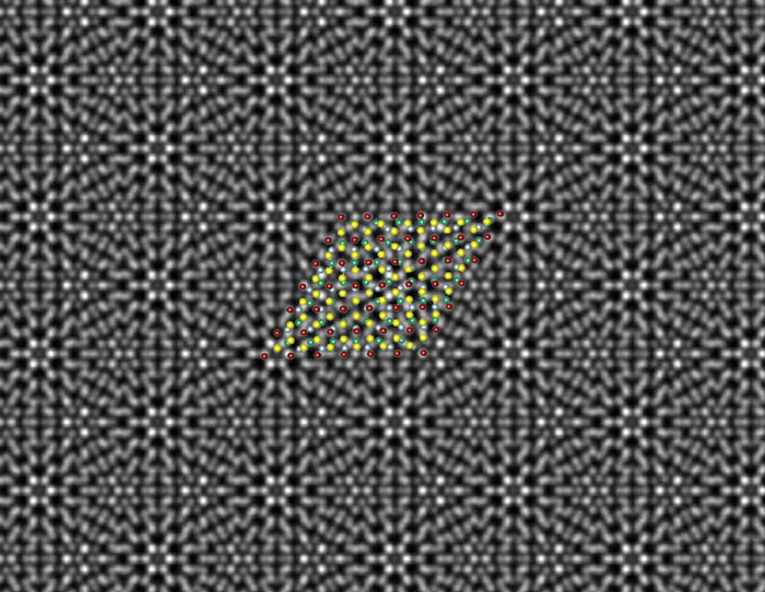 A scanning transmission electron microscope image reveals a periodic pattern resulting from the epitaxial chromium telluride/tungsten diselenide superlattice