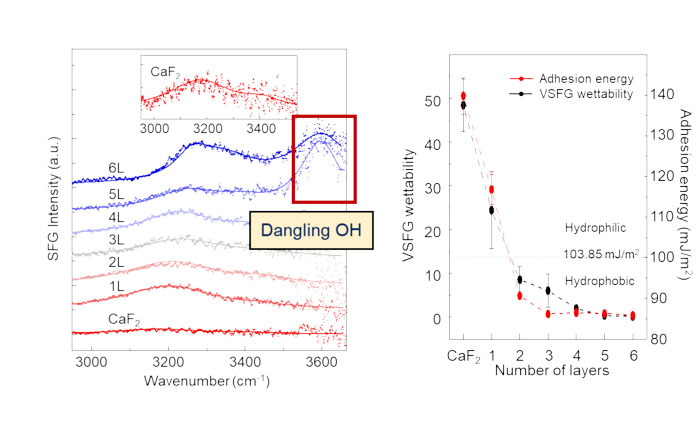 VSFG spectra of interfacial water at graphene/water interface and comparison of VSFG wettability and adhesion energy