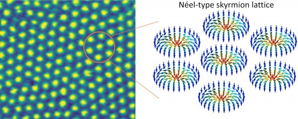 Un mapa creado con técnicas de microscopía magnética muestra patrones de giro en espiral, llamados skyrmions, que aparecen en un material 2D delgado y en capas.