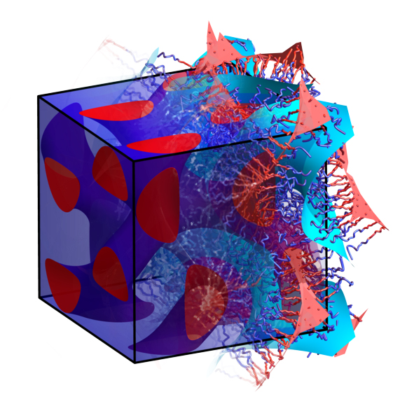 In a double-gyroid, two materials (here pictured as red and blue) thoroughly interpenetrate each other
