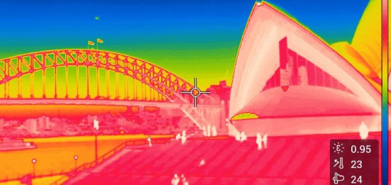 An infrared image of the Sydney Opera House and Sydney Harbour Bridge
