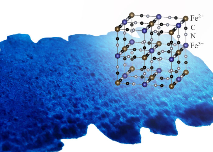 crystal structure of Prussian blue against blue background