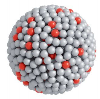 An atomic view of the catalytic system in which silver spheres represent gallium atoms and red spheres represent platinum atoms