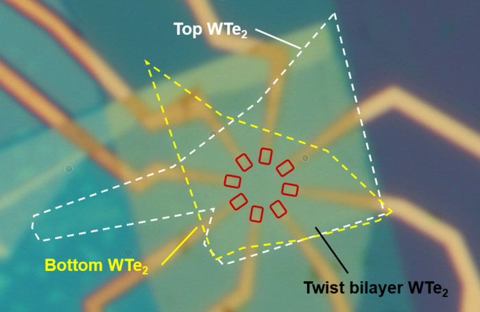 a device made of tungsten (W) and telluride (Te) in two crystalline layers stacked on top one another and twisted in relation to each other by just a few degrees.