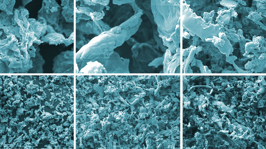 Colored SEM images of abraded graphene particles