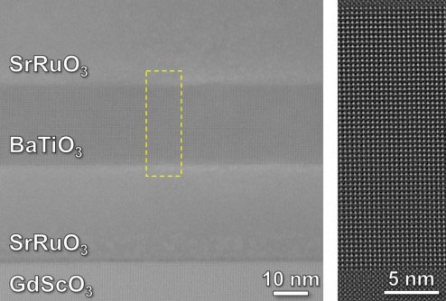 Electron microscope images show the precise atom-by-atom structure of thin film barium titanate sandwiched between layers of strontium ruthenate  metal to make a tiny capacitor