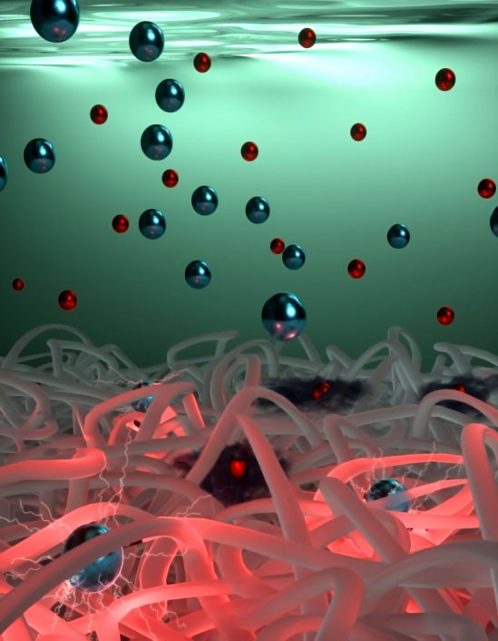 La ilustración del concepto muestra electrones altamente móviles moviéndose a través del polímero.