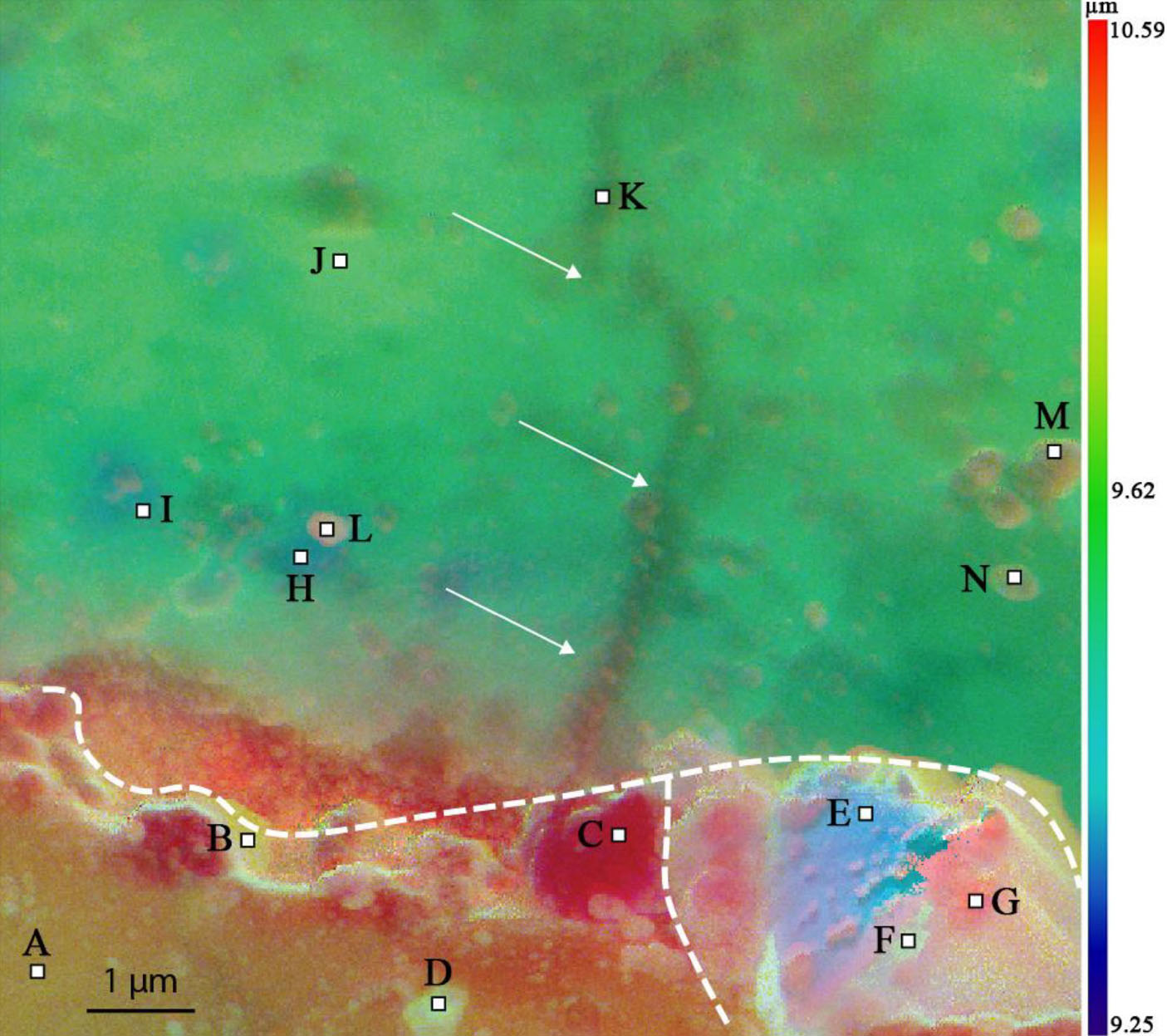Map of chondrule boundary. Lower third is reddish with some blue, upper two-thirds is mainly green