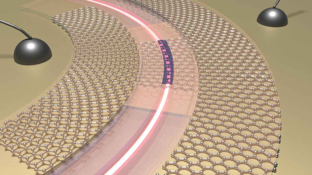 An artistic rendering of a silicon-based switch that manipulates light through the use of phase-change material (dark blue segment) and graphene heater (honeycomb lattice)