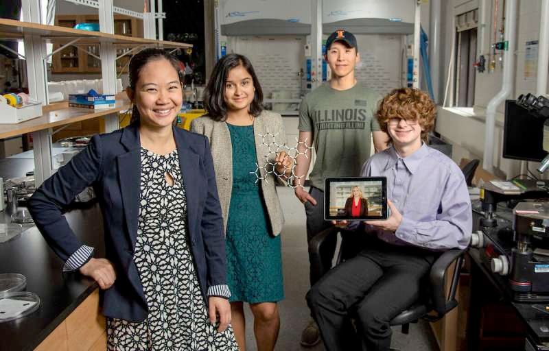 Pinshane Huang, far left, joins, Priti Kharel, second from left, Justin Bae and Patrick Carmichael, far right, at the Materials Research Laboratory