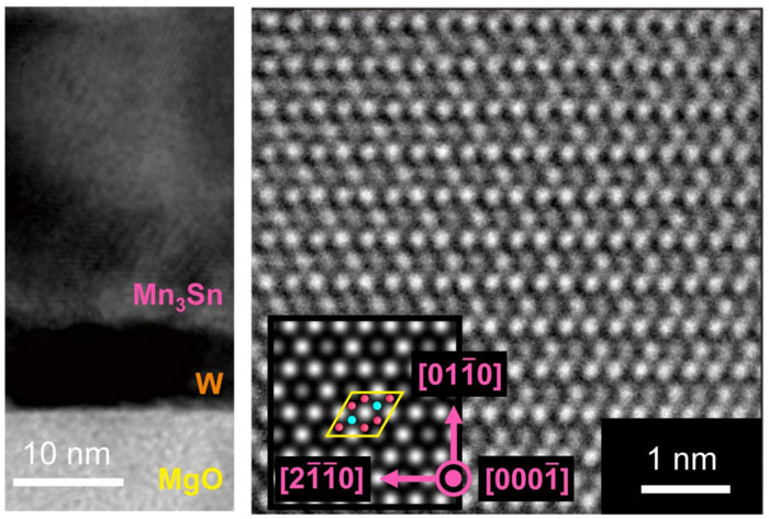 A cross-sectional transmission electronic microscope image of a layer of tungsten (W) and magnesium oxide (MgO)