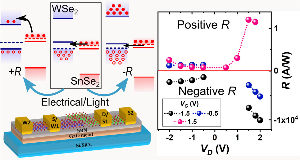 The charge transport mechanism across the WSe2/SnSe2 heterostructure can be controlled either using light or by applying an out-of-plane electric field