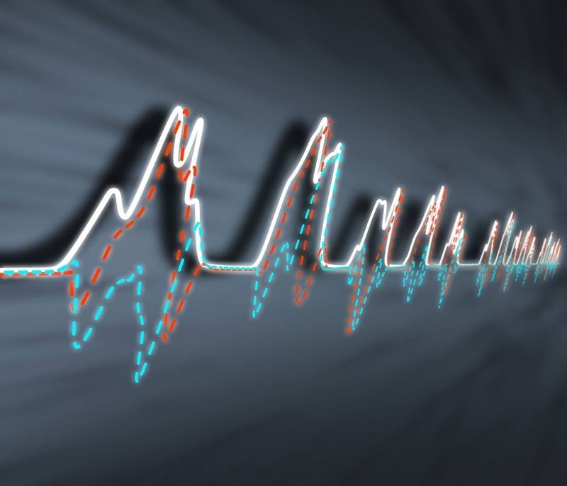 An X-ray pulse (white line) is built from ‘real’ and ‘imaginary’ components (red and blue dashes) that determine quantum effects